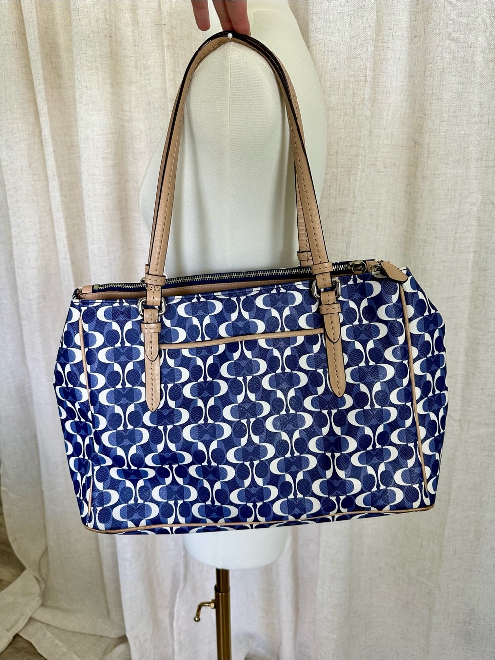 Coach Navy and White Signature Canvas Tote with Tan Leather Trim - Picture 2 of 6